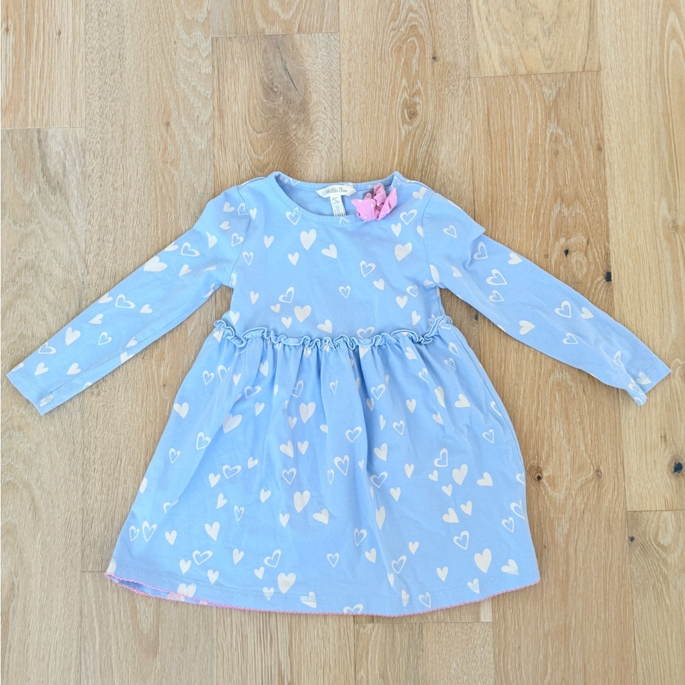 Blue knee-length A-line dress with long sleeves and a peter pan collar